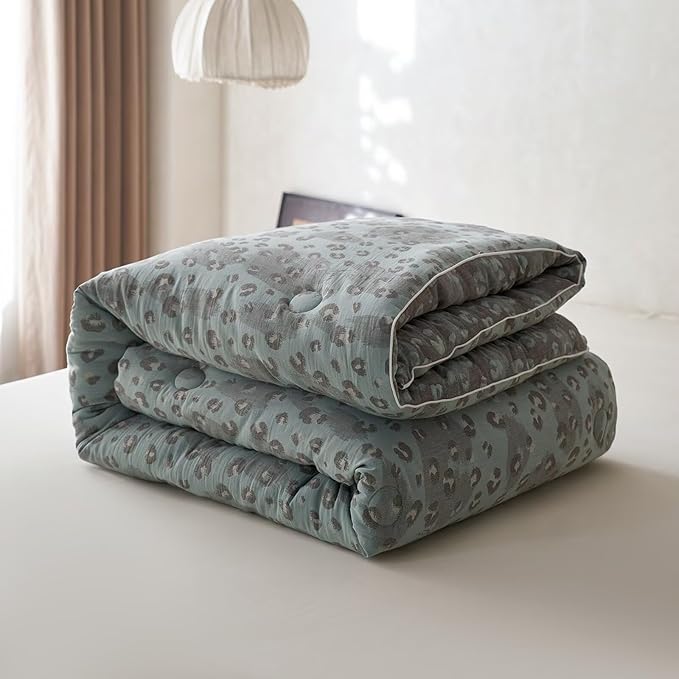 MKXI Double Layer Muslin Cotton Comforter Set King Size Leopard Print Shabby Chic Bedding Comforter Set Soft Breathable Grey and Green Floral Animal Cheetah Lightweight Bed Comforter for All Season