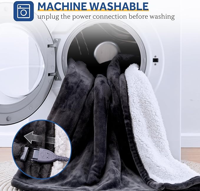 Sealy Electric Blanket with Foot Pocket for Adults, Flannel & Sherpa Heated Blanket Throw with 6 Heating Levels & 2-10 Hours Auto Shut Off, Fast Heating & Machine Washable, 50x62 Inch, Dark Grey