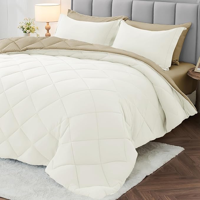 MUXHOMO 7 Pieces King Comforter Set, Reversible Bed in a Bag King Size, All Season Bedding Set with Comforter, Flat Sheet, Fitted Sheet, Pillowcases & Shams, Ivory & Khaki