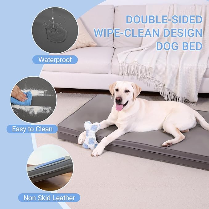 Vonabem Waterproof XL Dog Beds Large Sized Dog - Outdoor Orthopedic Washable Crate Pad, Durable Leather Anti-Slip Kennel Bed 41"x27", Graphite Grey