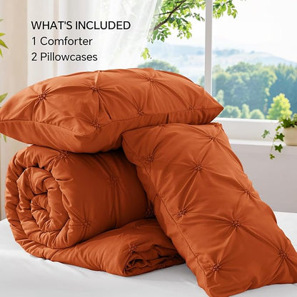 BEDELITE Burnt Orange Queen Comforter Set - 3 Pieces Boho Pintuck Bedding Comforter Sets, Lightweight Soft & Warm Bed Comforter Queen with 2 Pillowcases for All Season