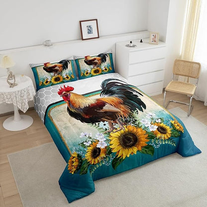 Erosebridal Chicken Comforter Set King Size Sunflower Bedding Grey Honeycomb Blue Yellow Rooster Down Farmhouse Wild Animal Leaves Room Decor Comforters & Sets for Adult Kids Boys, Multi 121