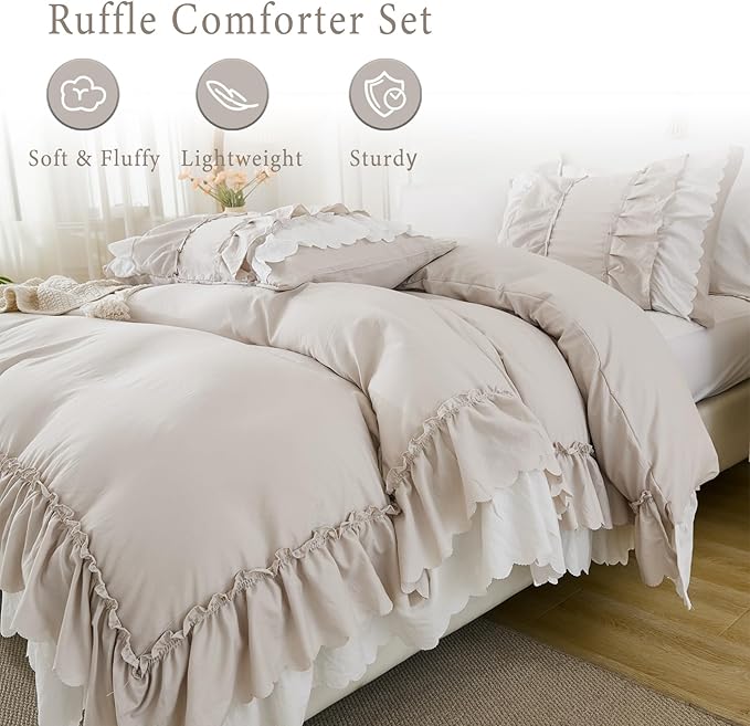 Herside Beige Ruffle Comforter Set King Size,Shabby Chic Boho Bedding Sets, Soft Fluffy Comforters Sets for All Season,Vintage Ruffled 3 Pcs Microfiber Lightweight Quilt Set for Women Girls | Ruffle, Shabby Chic