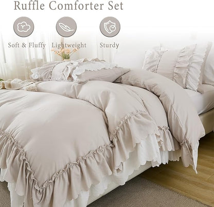 Herside Beige Ruffle Comforter Set King Size,Shabby Chic Boho Bedding Sets, Soft Fluffy Comforters Sets for All Season,Vintage Ruffled 3 Pcs Microfiber Lightweight Quilt Set for Women Girls | Ruffle, Shabby Chic