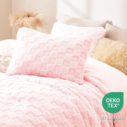 CozyLux Fleece Queen Comforter Set Blush Pink,Super Soft & Warm Fluffy Bedding with Checkered Pattern,Luxury Fuzzy Heavy Bed Set for Winter,3 Pieces,1 Comforter and 2 Pillowcases