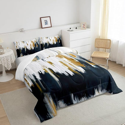 Gray Blue Bedding Set King Gradient Stripe Comforter Set, Modern Oil Painting Graffiti Duvet Insert Watercolor Abstract Artwork Quilt Sets, Aesthetic Chic Vintage Bedding Comforters & Sets Lightweight