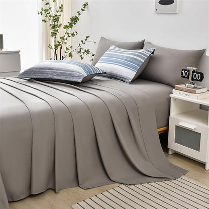 KAKIJUMN 7 Piece Bed in a Bag Stripe Comforter Set Queen Size, White Grey Blue Patchwork Striped Comforter and Sheet Set, All Season Soft Microfiber Complete Bedding Set(Light Blue,Queen)