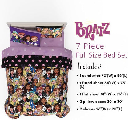 Bratz Fashion Bedding 7 Piece Super Soft Reversible Comforter and Sheet Set with Sham, Full, (100% Official Licensed Product) by Franco