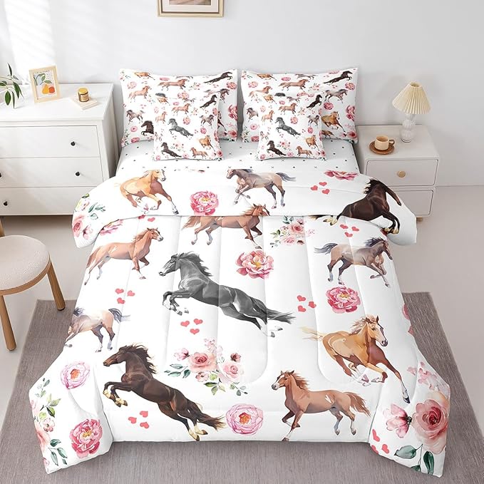 Erosebridal 7 Pcs Horse Comforter Set Full Size,Romantic Cowboy Cowgirl Bed in a Bag with Flat Sheet and Fitted Sheet for Kids and Adults,Pink Rose Horse Bedding Set with Pillowcases and Cushion Cases