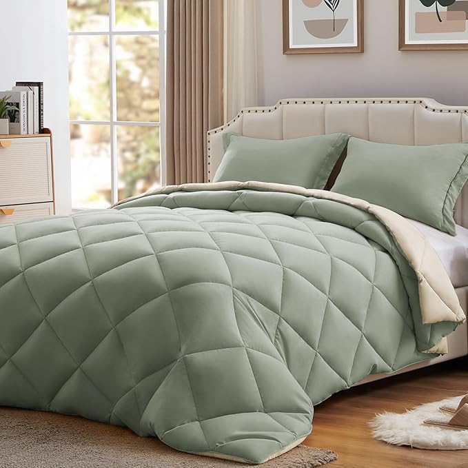 NexHome Queen Comforter Set Sage&Beige,3 Pieces Lightweight Comforters Queen Size Reversible Bedding Comforters Sets,Down Alternative Comforter Bed Set Quilt Blanket(88x88In Comforter & 2 Pillowsham)