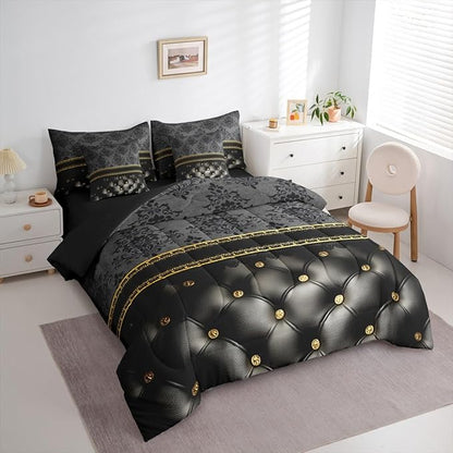 Black Damask 7 Piece Comforter Set Full Bed in a Bag | Luxury Grey Golden Texture Pattern Bohemian Bedding Sets Antique Decor Gothic Vintage Floral Comforter and Sheet Set, Goth Victorian Bed Sets