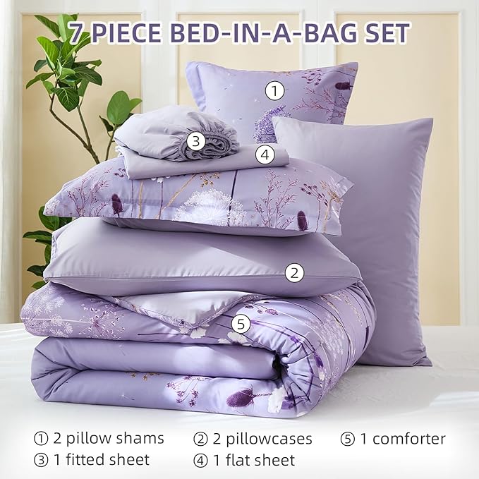 Yiran Queen Comforter Set, 7 Piece Floral Purple Bedding Set, Dandelion Botanical Bed in a Bag Queen, Soft Microfiber Complete Bedding Set with Comforter, Sheets, Pillowcases & Shams