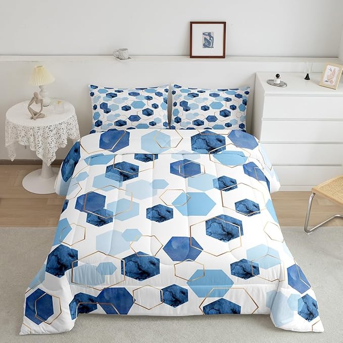 Erosebridal Hexagon Comforter Set King Navy Blue Bedding Set, Watercolor Honeycomb Bedding Comforter Sets Abstract Tie Dye Duvet Sets, Luxury Gold Hexagon Quilted Comforter Microfiber