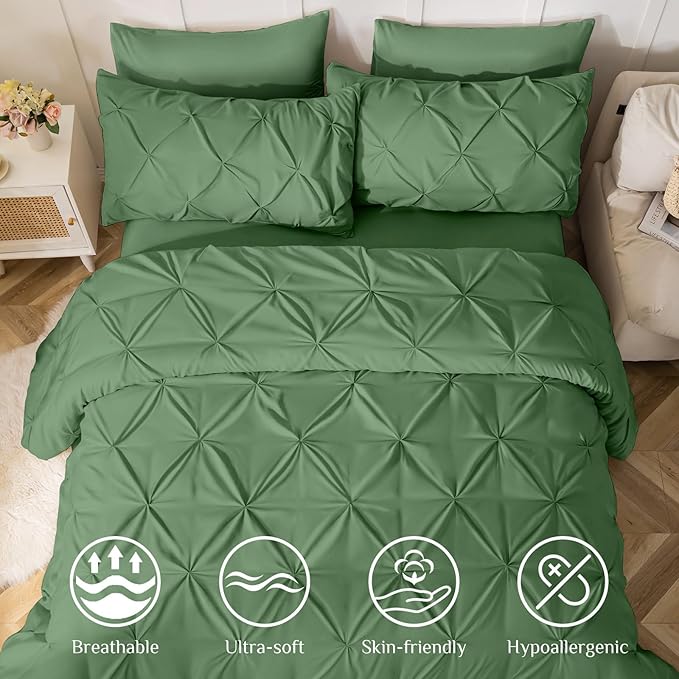 JOLLYVOGUE Full Size Comforter Sets 7 Pieces - Bed in a Bag Full for All Season, Pintuck Bedding Comforter Sets with Comforter, Flat Sheet, Fitted Sheet and Pillowcases & Shams, Green