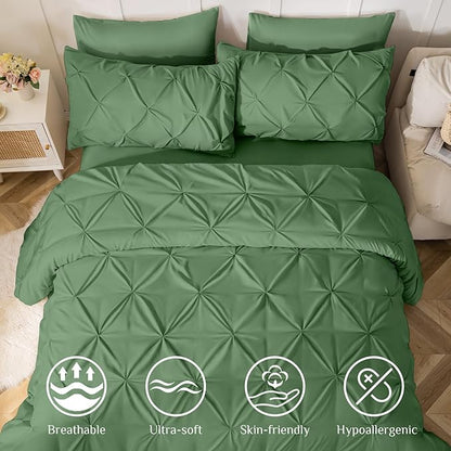 JOLLYVOGUE Full Size Comforter Sets 7 Pieces - Bed in a Bag Full for All Season, Pintuck Bedding Comforter Sets with Comforter, Flat Sheet, Fitted Sheet and Pillowcases & Shams, Green