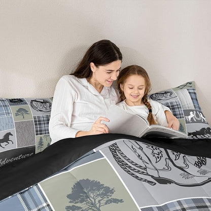 Erosebridal Rustic Farmhouse Comforter Set, Western Horse Bedding Twin for Kids Teens Adult, Farm Animal Horseshoe Quilt Western Decor for Home, Riding Boots Forest Grid Patchwork Duvet Sets, Blue