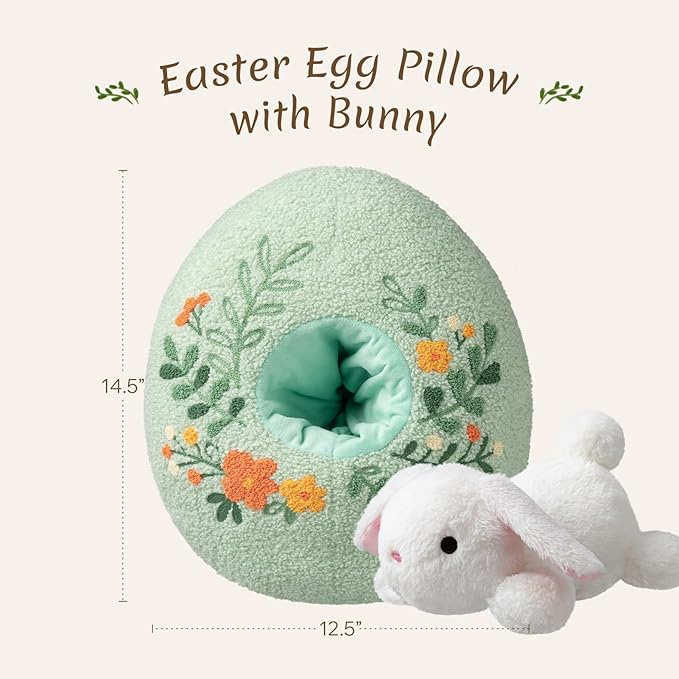 Phantoscope Happy Easter Egg Shaped Throw Pillow with Bunny, Teddy Fleece Soft Egg Pillow with Floral Embroidered Decorative Pillows for Couch Sofa Bed Chair, Favors Gifts, Green, 14.5 x 12.5 Inches