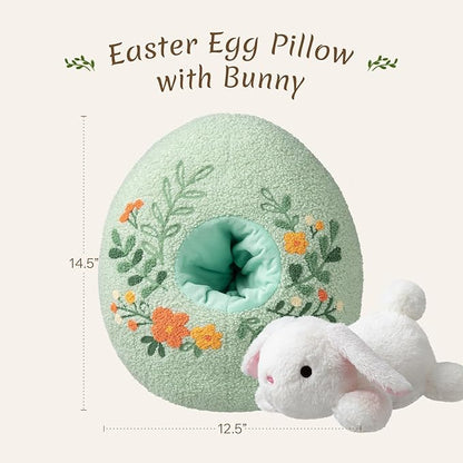 Phantoscope Happy Easter Egg Shaped Throw Pillow with Bunny, Teddy Fleece Soft Egg Pillow with Floral Embroidered Decorative Pillows for Couch Sofa Bed Chair, Favors Gifts, Green, 14.5 x 12.5 Inches