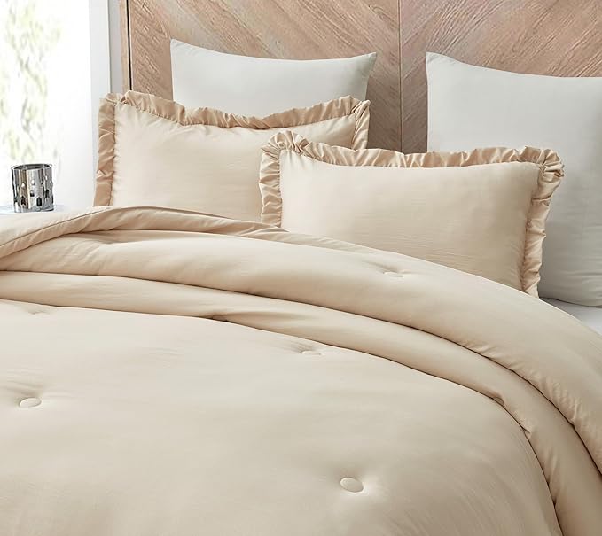 Chezmoi Collection Nora Light Sand Comforter Set King Size 3-Piece Fluffy Soft Stone-Washed Ruffled Shabby Chic Bedding for All Season