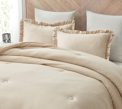 Chezmoi Collection Nora Light Sand Comforter Set Queen Size 3-Piece Lightweight Fluffy Soft Stone-Washed Ruffled Shabby Chic Bedding for All Season