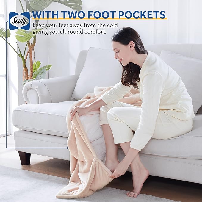 Sealy Electric Blanket with Foot Pocket for Adults, Flannel & Sherpa Heated Blanket Throw with 6 Heating Levels & 2-10 Hours Auto Shut Off, Fast Heating & Machine Washable, 50x62 Inch, Beige