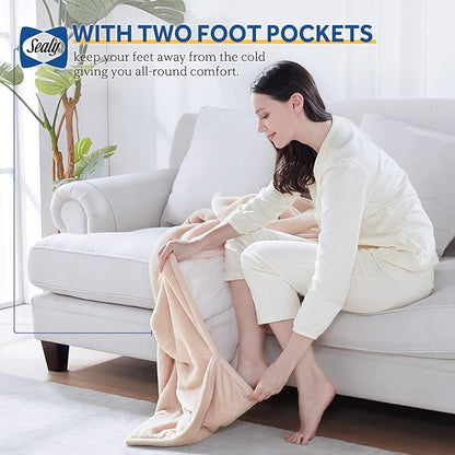Sealy Electric Blanket with Foot Pocket for Adults, Flannel & Sherpa Heated Blanket Throw with 6 Heating Levels & 2-10 Hours Auto Shut Off, Fast Heating & Machine Washable, 50x62 Inch, Beige