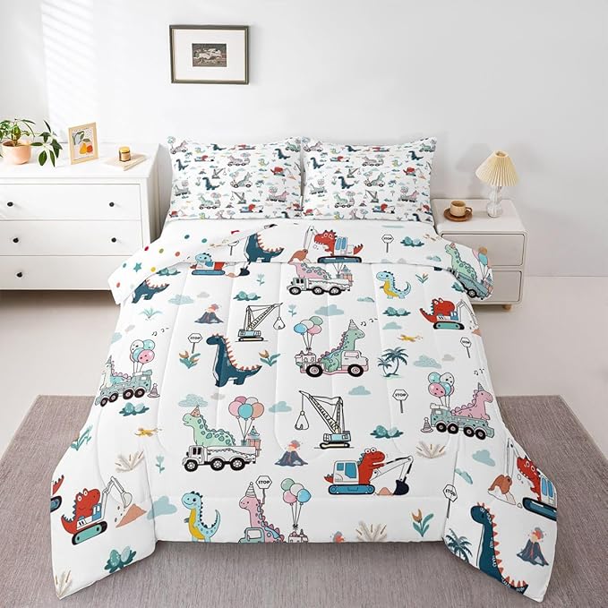 Cartoon Dino Excavator Comforter Set Twin Size, Cartoon Car Dinosaur Construction Comforter Set Kids toddler Construction Vehicles Comforter Construction Site Cars Duvet Set Microfiber Quilt Set