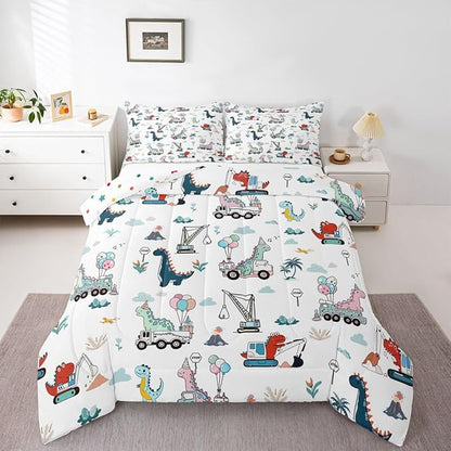 Cartoon Dino Excavator Comforter Set Twin Size, Cartoon Car Dinosaur Construction Comforter Set Kids toddler Construction Vehicles Comforter Construction Site Cars Duvet Set Microfiber Quilt Set