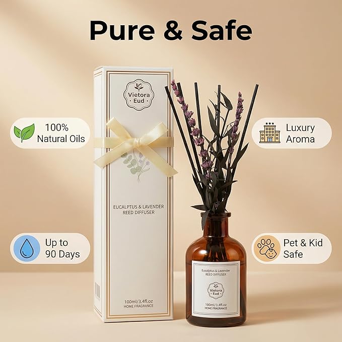 Eucalyptus & Lavender Essential Oil Reed Diffuser - 3.34 Fl Oz, Natural Calming Aromatherapy for Bedroom, Long Lasting Stress Relief Room Scent, Spa Like Home Fragrance, Non-Toxic & Gift Ready