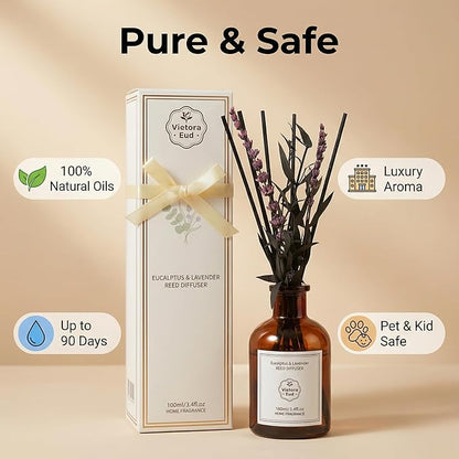 Eucalyptus & Lavender Essential Oil Reed Diffuser - 3.34 Fl Oz, Natural Calming Aromatherapy for Bedroom, Long Lasting Stress Relief Room Scent, Spa Like Home Fragrance, Non-Toxic & Gift Ready