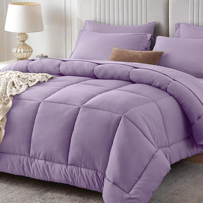 Sasttie King Size Comforter Set, 7 Pieces Bed in a Bag King, Complete Bedding Set Includes Comforter, Flat Sheet, Fitted Sheet, Pillowcases and Pillow Shams, Violet
