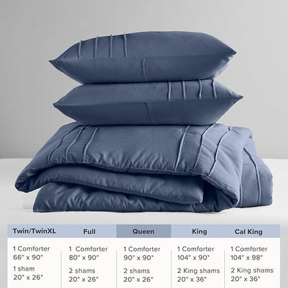 Comfort Spaces Navy Queen Size Comforter Set - 3 Pieces Pintuck Pleated Bedding Sets, All Season Lightweight, Extra Softness Pre-Washed Microfiber Queen Bed Set, Shams, Queen