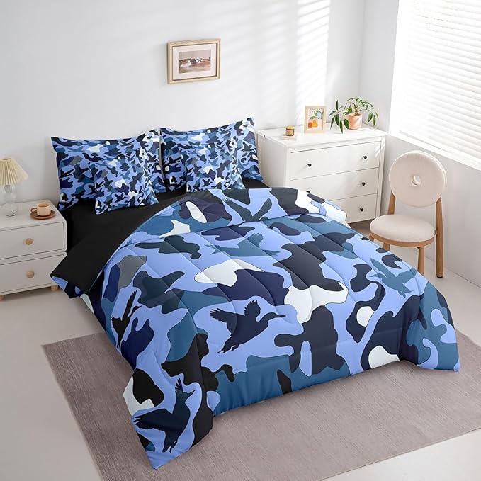 Erosebridal Hunting 7 Piece Bed Set King Size Camouflage Bedding for Kids Boys Men Army Wild Duck Bed in A Bag Sheet Set Vintage Blue Black Bedroom Decor Wild Animal Duck Rustic Comforter Set