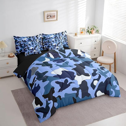 Erosebridal Hunting 7 Piece Bed Set King Size Camouflage Bedding for Kids Boys Men Army Wild Duck Bed in A Bag Sheet Set Vintage Blue Black Bedroom Decor Wild Animal Duck Rustic Comforter Set