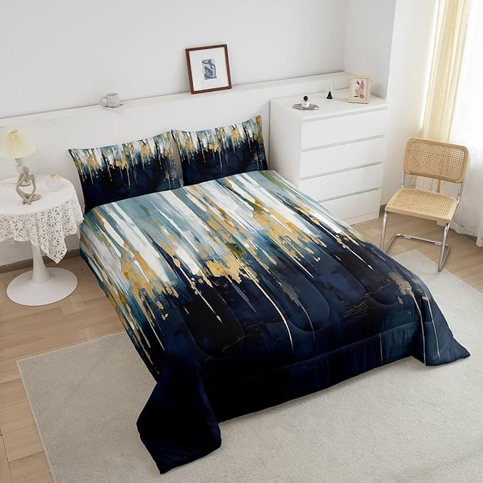 Erosebridal Navy Blue Comforter Full Graffiti Ombre Bedding Set, Brush Strokes Oil Painting Down Comforter Modern Contemporary Bed Set, Chic Vintage Abstract Gradient Quilted Duvet 3pcs