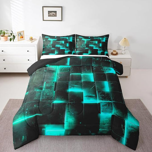 Black Teal Abstract Comforter Queen Gradient Square Queen Bedding Set, Grid Down Comforter Neon Checkered Bed Set, Glowing Plaid Quilted Duvet 3D Modern Bedroom Decor 3pcs (Black Reversible)