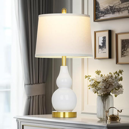Ceramic Table Lamp for Living Room, 25" Modern Double Gourd Ceramic Lamp for Bedroom White Farmhouse Rustic Classic Bedside Lamp with Round Fabric Shade for Night stand Desk End Tables(Bulb Included)