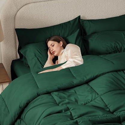 Anluoer Queen Comforter Set 7 Piece, Emerald Green Bed in a Bag with Sheets, Comforters Queen Size Bedding Sets with 1 Comforter, 2 Pillow Shams, 2 Pillowcases, 1 Flat Sheet,1 Fitted Sheet