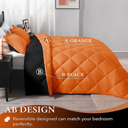 downluxe Full Size Comforter Set - Orange and Black Full Comforter - Soft Bedding Sets for All Seasons -3 Pieces Comforter Set Full with 2 Reversible Pillow Shams