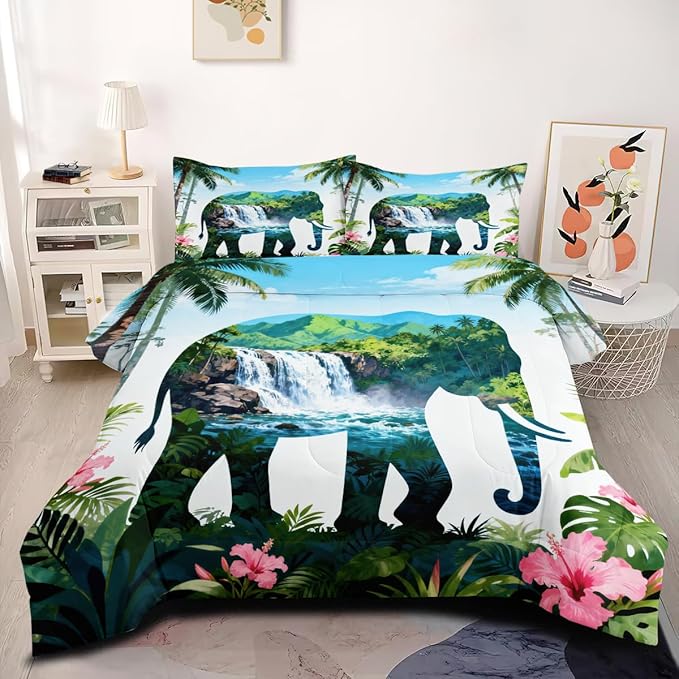 Summer Themed Comforter Set Queen Size Unique Art Hawaiian Ocean View Palm Leaf Elephant Design Bedding Set Modern Aesthetic Comforters Soft Down Alternative Comforter Sets for All Season