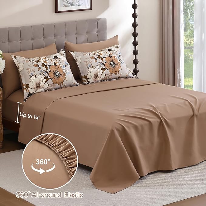 Xruibed Brown Floral Comforter Set Queen Size 7 Pieces Bed in a Bag Flower Comforter Set with Sheet, Pillowcases, Pillowshams, Soft Microfiber Bedding Set for All Season (Queen 90''x90'')