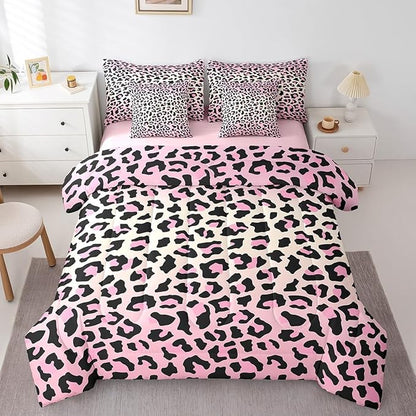 Feelyou Pink Leopard Bedding Set for All Season Cheetah 7 Pieces Comforter Sets Queen Size Teens Room Decor Animal Print Bed in a Bag with Comforter, Sheets, Pillowcases & Cushion Cover