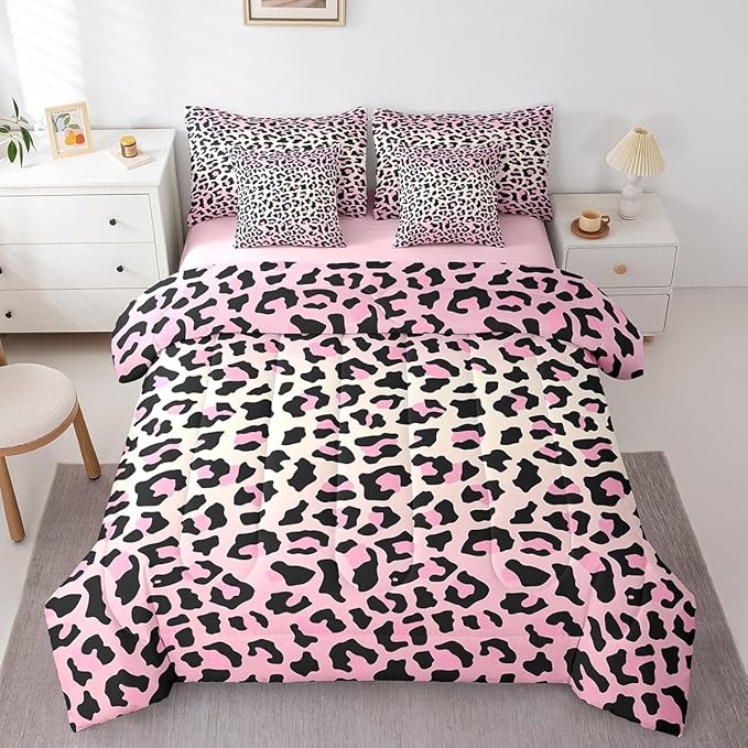 Feelyou Pink Leopard Bedding Set for All Season Cheetah 7 Pieces Comforter Sets Twin Size Teens Room Decor Animal Print Bed in a Bag with Comforter, Sheets, Pillowcases & Cushion Cover