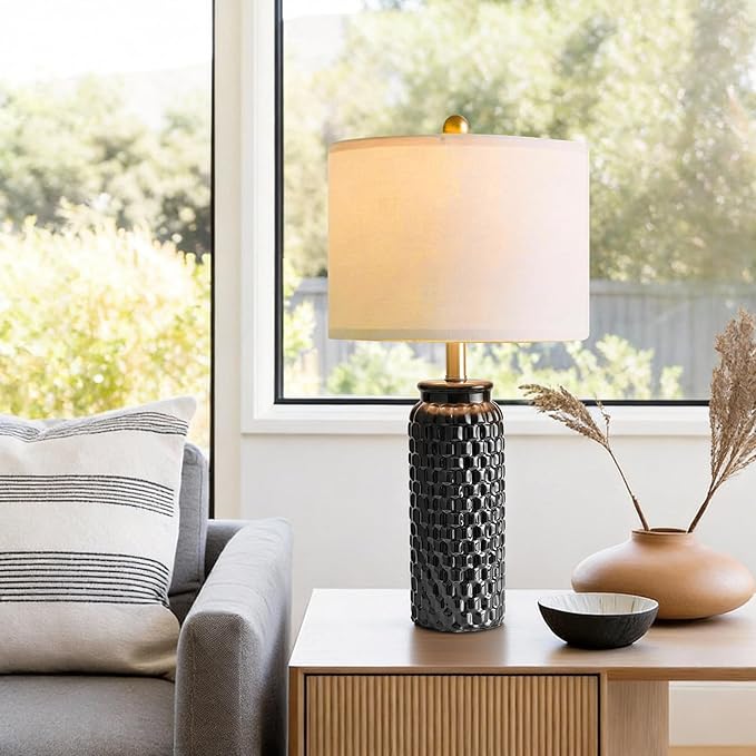 24" Modern Ceramic Black Bedside Lamp Set of 2 Table Lamp for Bedroom Decor Farmhouse Table Lamp for Living Room Office Dorm