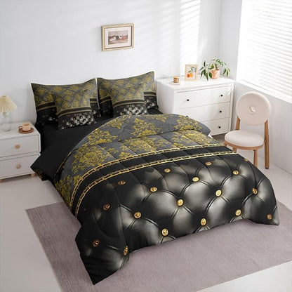 Golden Damask 7 Piece Comforter Set Full Bed in a Bag | Luxury Black Diamond Texture Pattern Bohemian Bedding Sets Victorian Decor Gothic Vintage Floral Comforter and Sheet Set, Baroque Goth Bed Sets