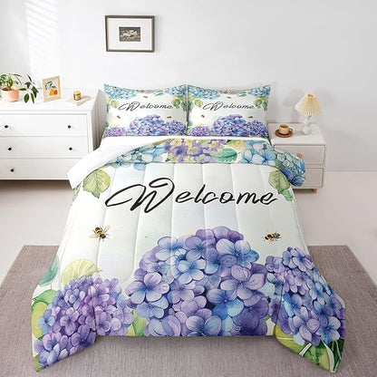 Erosebridal Girls Hydrangea Comforter Set Twin Purple Teal Blue Flowers Bedding Set Farmhouse Floral Bedding Comforter Sets for Kids Adults Women Spring Garden Nature Botanical Quilt Duvet