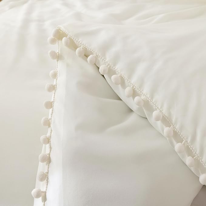 YIRDDEO Full Ivory Microfiber Comforter Set, 3pcs Boho Ball Pom Fringe Design Bedding Set (1 Comforter, 2 Pillowcases)