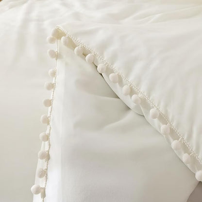 YIRDDEO Ivory Queen Ball Pom Fringe Comforter Set 3pcs, Boho Off White Aesthetic Luxurious Queen Bedding Set 3 Pieces, Vintage Ultra Soft Microfiber Comforter Set