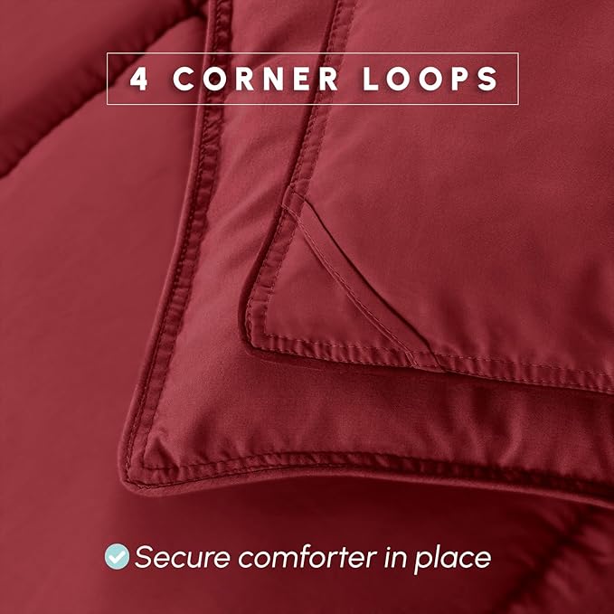 Elegant Comfort 3-Piece Box Stitched Down Alternative Comforter with Shams - Ultra Soft for All Season Duvet Insert with Corner Tabs, Plush Cozy 3PC Comforter Set, Full, Burgundy