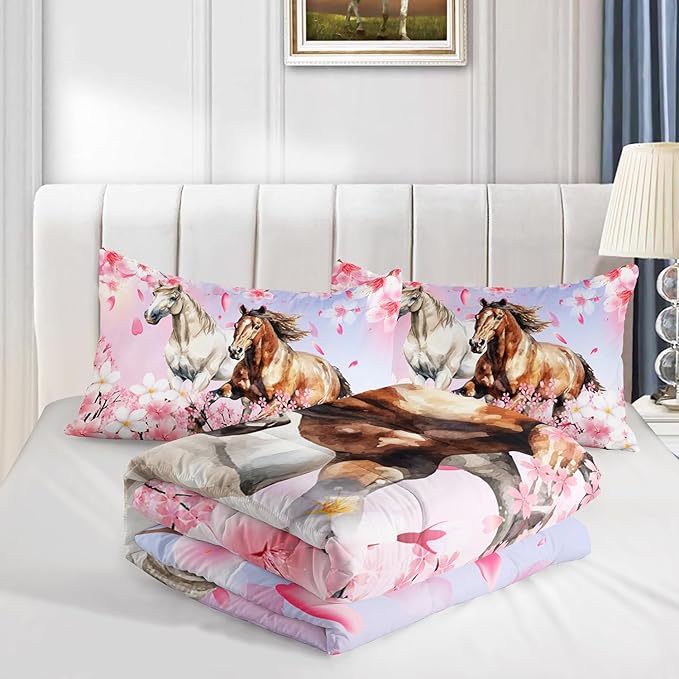 Kid Horse Comforter Set Twin Room Floral Animal Theme Handsome Horse Chic Cherry Blossom Bedding Set 3D Wild Animal Decor Quilt Set for Girls Adult, 1 Comforter + 2 Pillowcases